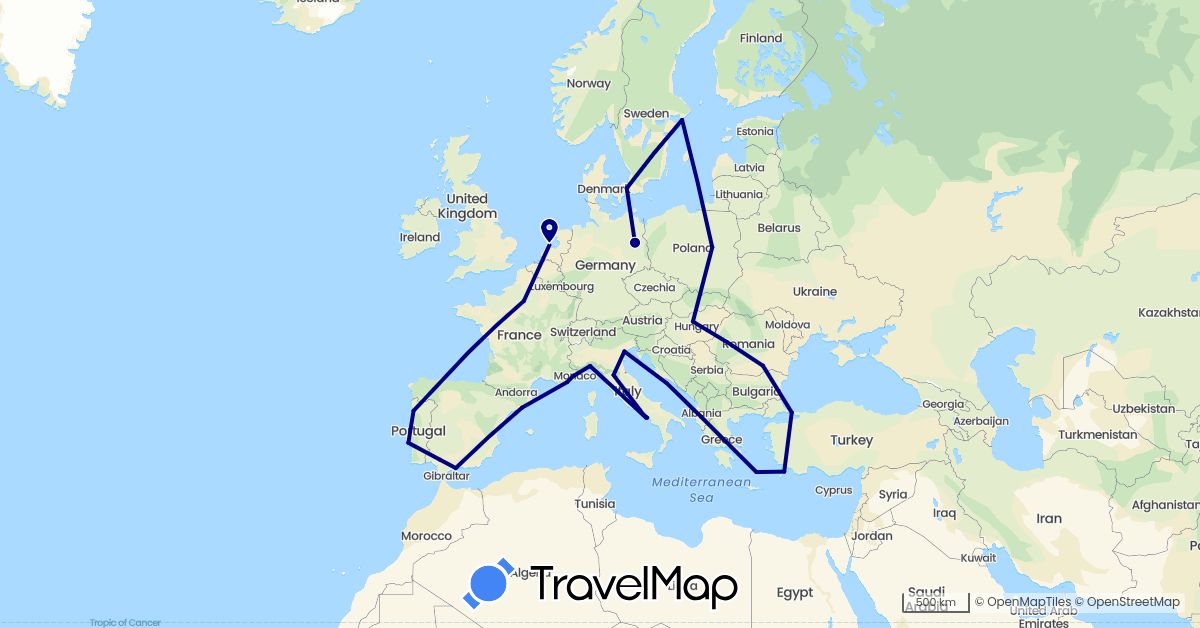 TravelMap itinerary: driving in Albania, Germany, Denmark, Spain, France, Greece, Croatia, Hungary, Italy, Netherlands, Poland, Portugal, Romania, Sweden, Turkey (Asia, Europe)